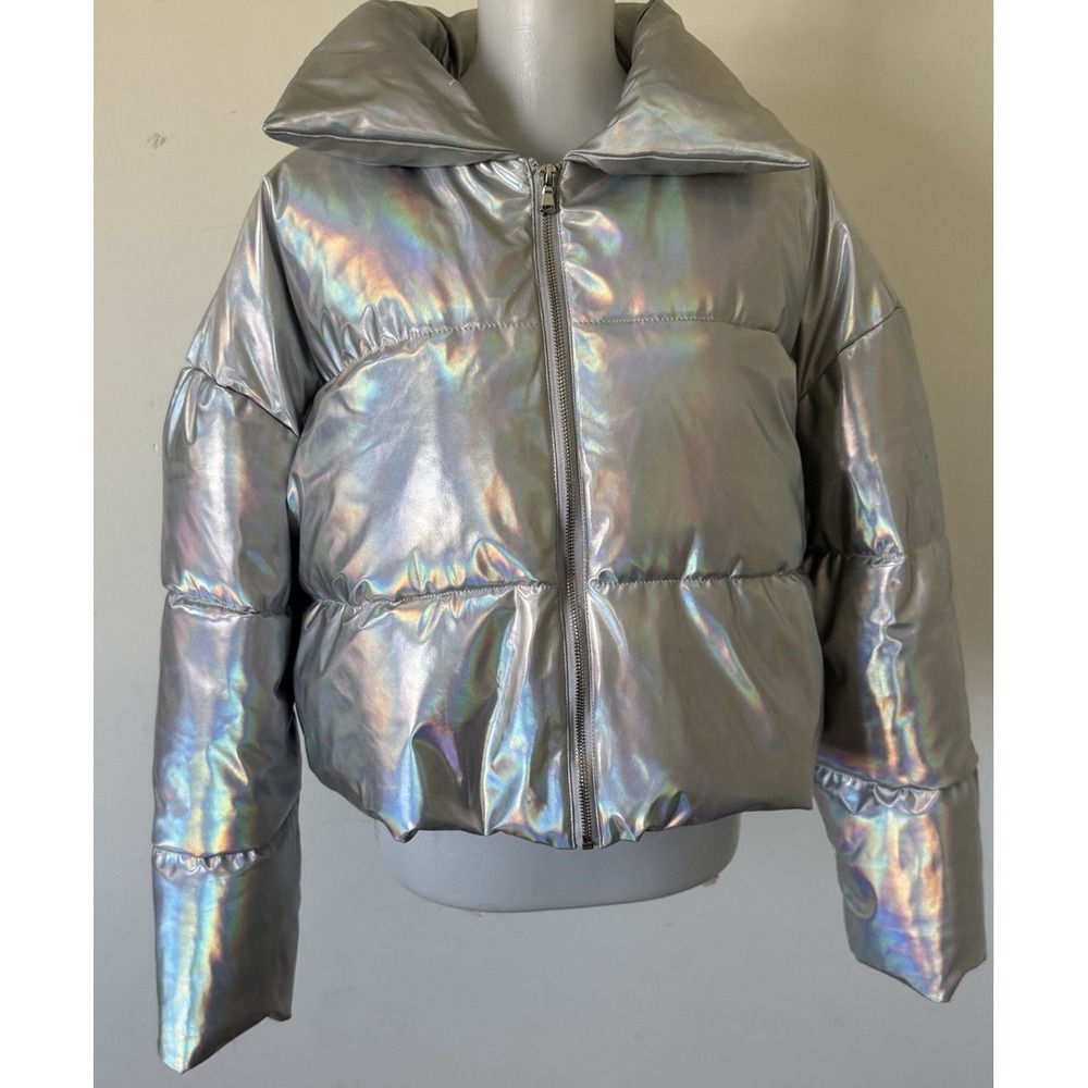 Azalea Wang Iradescent Holographic Cropped Puffer Jacket Full Zip Women's Large - Picture 2 of 10